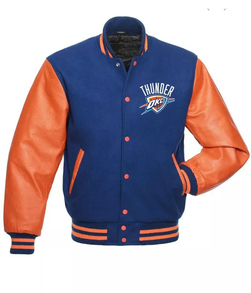Men Letterman Oklahoma City Thunder Blue and Orange Varsity Jacket - NBA