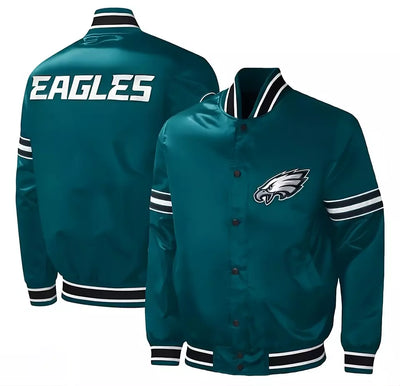 Philadelphia Eagles Full Snap Satin Varsity Jacket Embroidery logos green - NFL