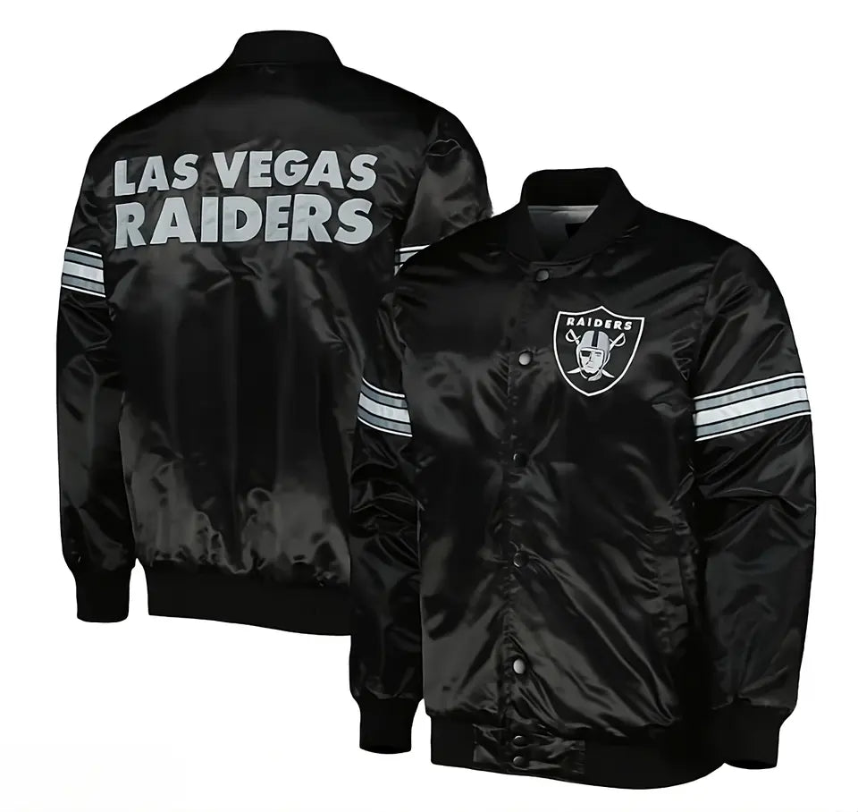 Las Vegas Raiders Black Satin Varsity Jacket full-snap Embroidery logos black - NFL