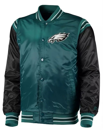Philadelphia Eagles Full Snap Satin Varsity Jacket Embroidery logos green and black - NFL