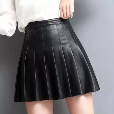 Women Genuine Leather Skirt Black Mini Pleated High Waist Slim A-line Skirt