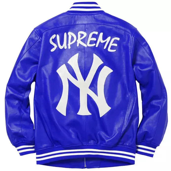 Men NY Yankees Blue Letterman Varsity Leather Jacket Genuine Leather - MLB