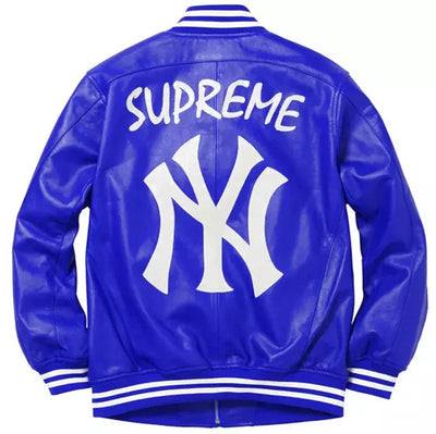 Men NY Yankees Blue Letterman Varsity Leather Jacket Genuine Leather - MLB