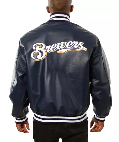 Men Milwaukee Brewers Letterman Baseball Bomber Black Varsity Jacket Full Leather Jacket - MLB
