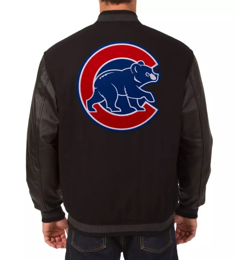 Men Chicago Cubs Letterman Varsity Jacket Black Wool  Genuine Leather Sleeves - MLB