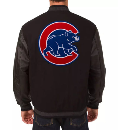 Men Chicago Cubs Letterman Varsity Jacket Black Wool  Genuine Leather Sleeves - MLB