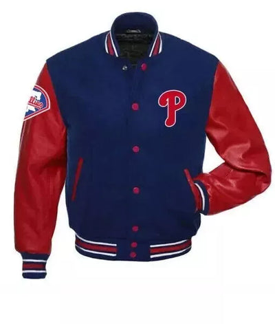 Letterman Philadelphia Phillies Varsity Jacket Wool With Genuine Leather Sleeves red and blue - MLB