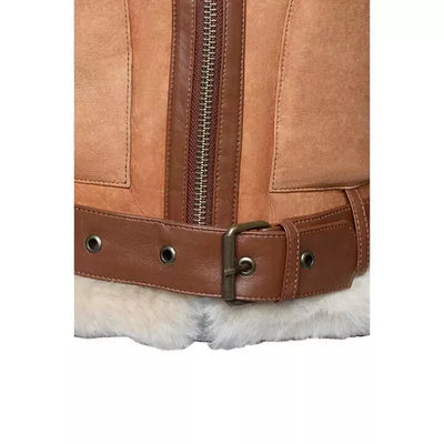 Kristy Vintage Cognac Women Crop Shearling Double collar Bomber Lambskin Jacket