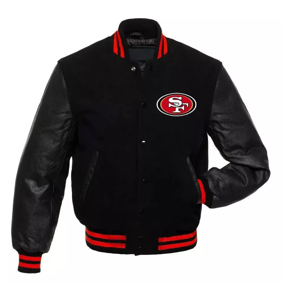 San Francisco 49ers NFL Varsity Jacket with Genuine Leather Sleeves black
