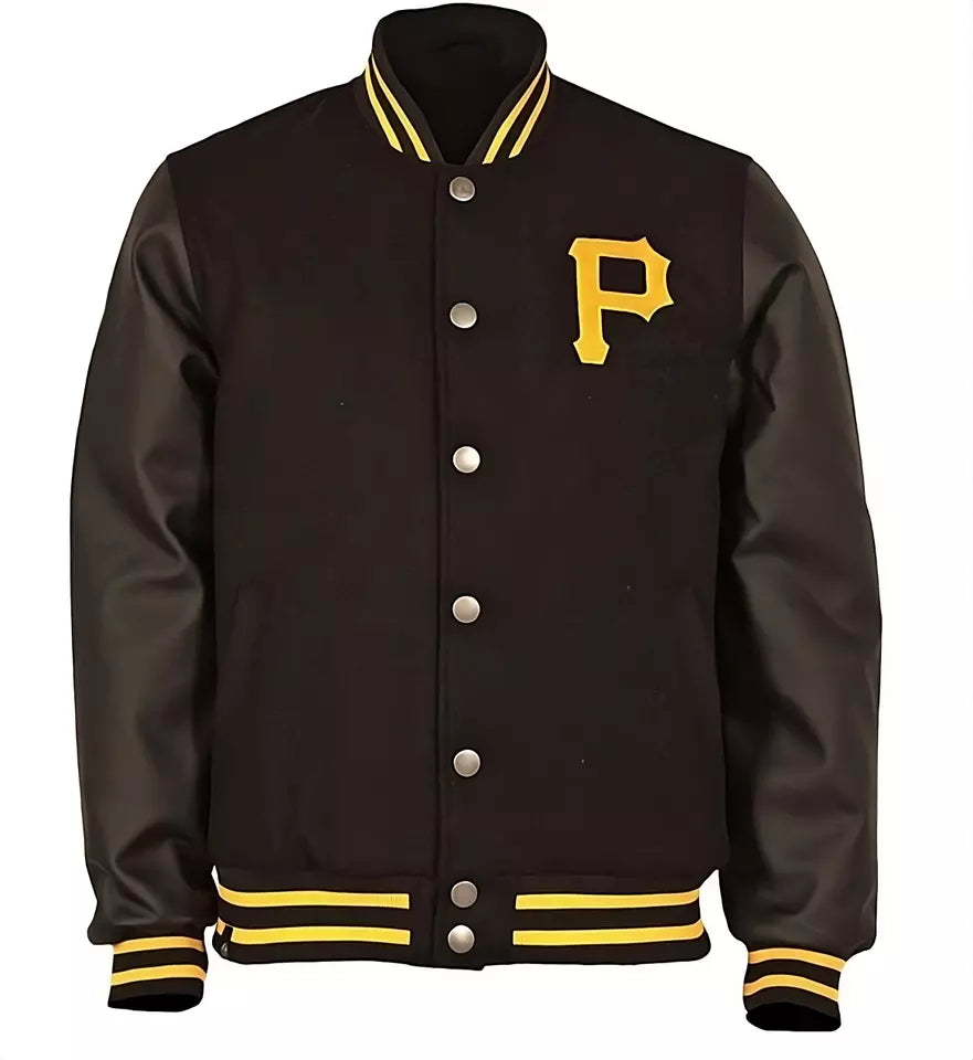 Pittsburgh Pirates Letterman Black Varsity Jacket with Real Leather Sleeves - MLB