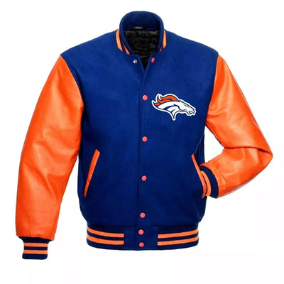 Denver Broncos Letterman Varsity Jacket Wool & Genuine Leather Sleeves - NFL