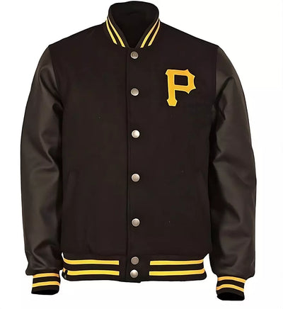 Men Pittsburgh Pirates Black Letterman Varsity Jacket with Real Leather Sleeves - MLB