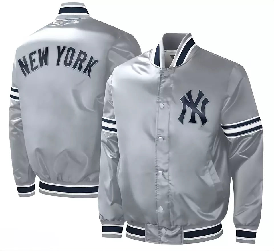 Men Gray New York Yankees Slider Satin Full-Snap Varsity Jacket - MLB