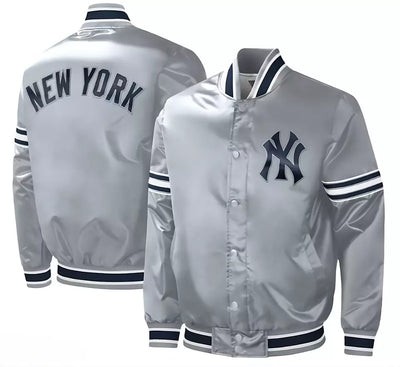 Men Gray New York Yankees Slider Satin Full-Snap Varsity Jacket - MLB