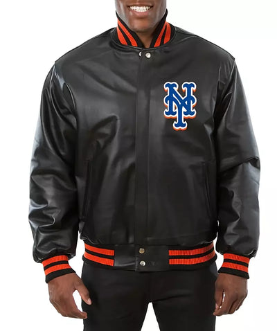 Men New York Mets Full Leather Letterman Black Varsity Jacket - MLB