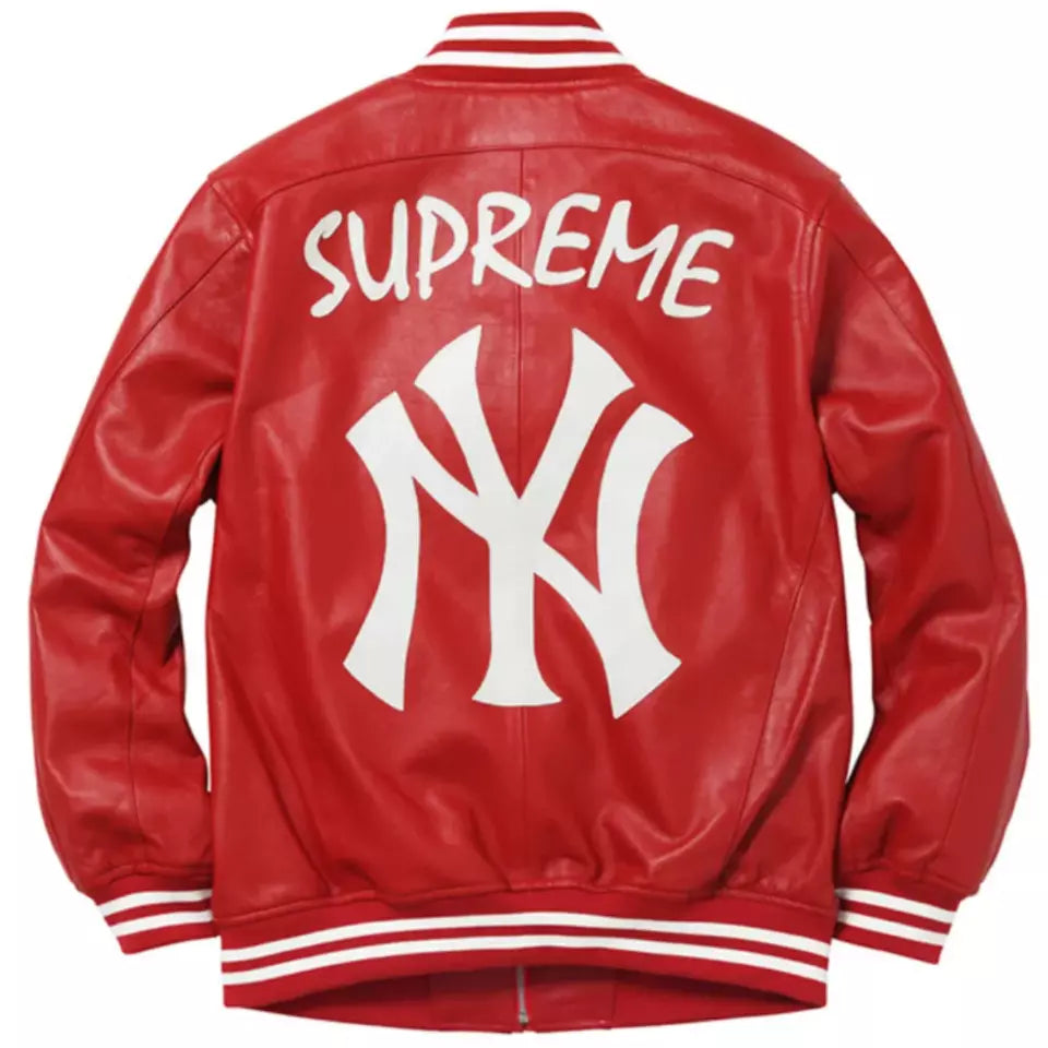 Men NY Yankees Red Letterman Varsity Leather Jacket - MLB