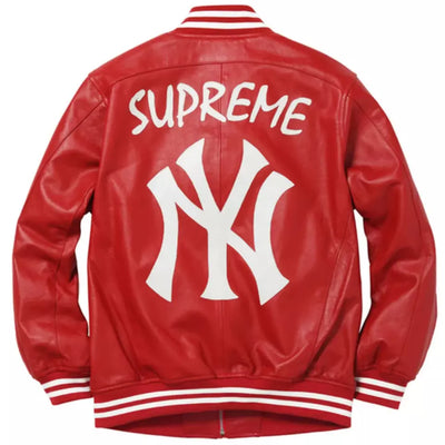 Men NY Yankees Red Letterman Varsity Leather Jacket - MLB