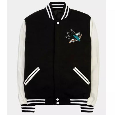 San Jose Sharks Varsity Jacket Black Wool with White Genuine Leather Sleeves