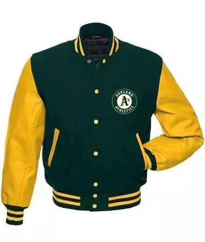Men Oakland Athletics Green & Yellow Varsity Jacket With Leather Sleeves - MLB