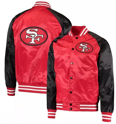 San Francisco 49ers Satin Letterman Varsity Jacket full-snap Embroidery logo red and black - NFL