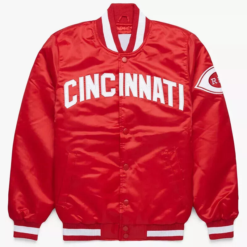 Men Cincinnati Reds Satin Red Letterman Varsity Jacket - MLB