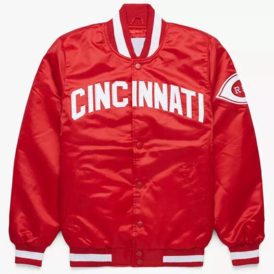 Men Cincinnati Reds Satin Red Letterman Varsity Jacket - MLB