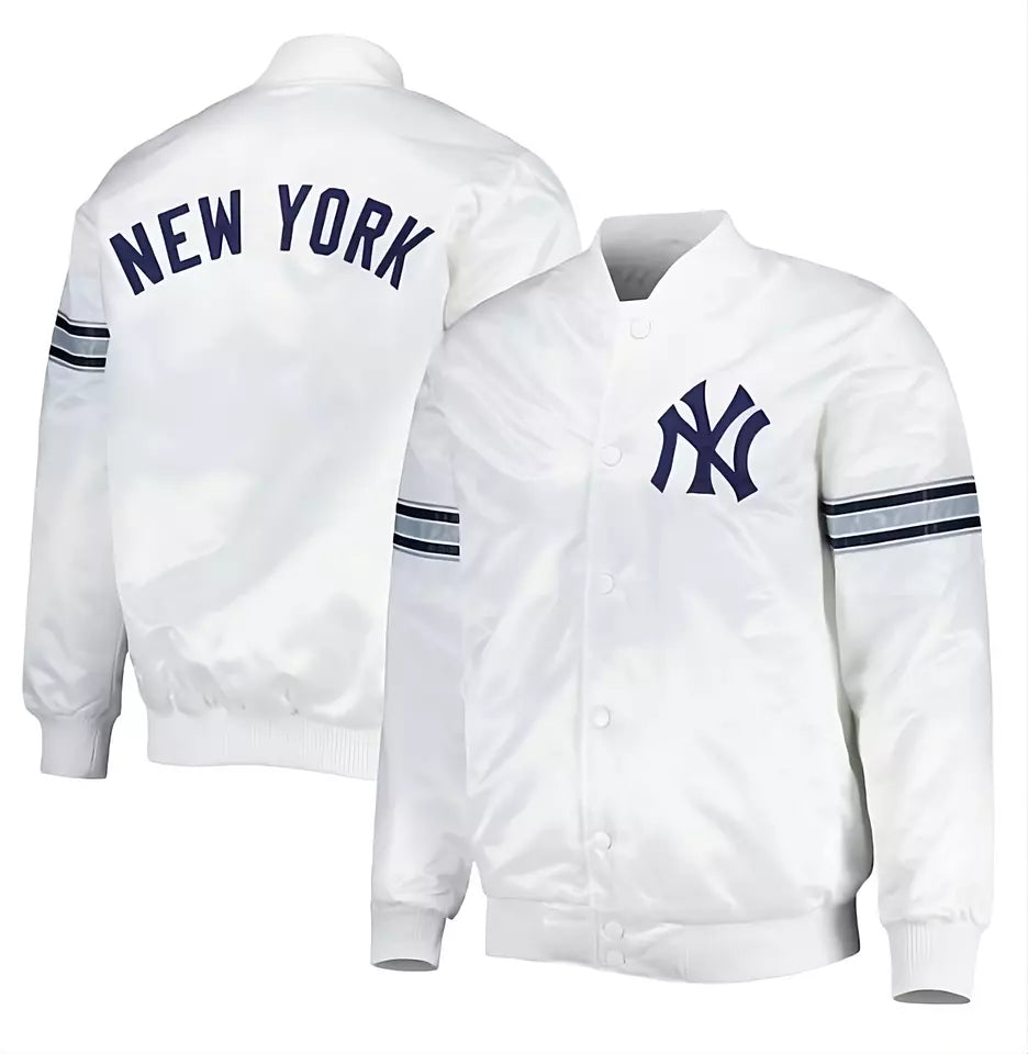 Men White New York Yankees Satin Full-Snap Varsity Jacket - MLB