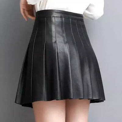 Women Genuine Leather Skirt Black Mini Pleated High Waist Slim A-line Skirt