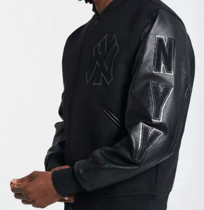 Men Letterman NY Yankees Black Varsity Jacket With Leather Sleeves - MLB