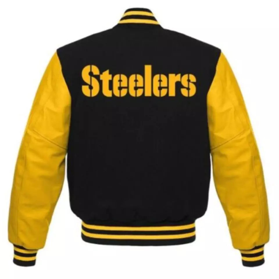 NFL Pittsburgh Steelers Letterman Varsity Jacket Wool with Real Leather Sleeves