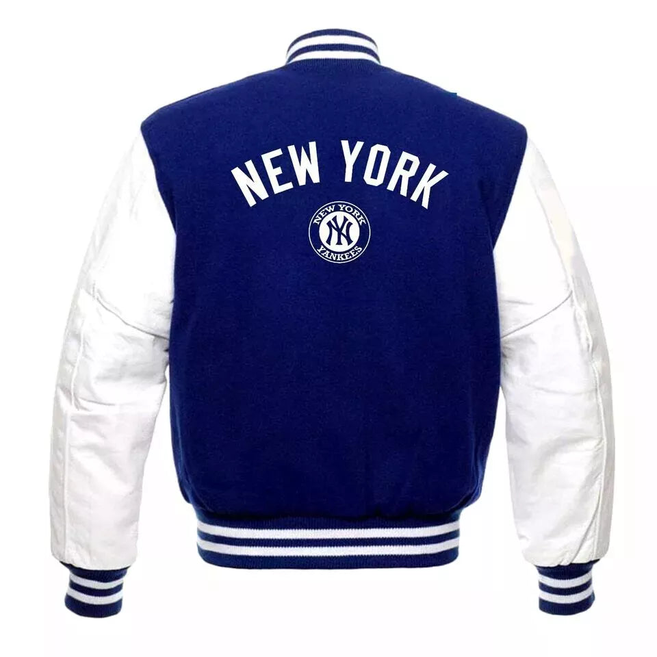 NEW YORK Yankeees Blue Varsity Jacket Wool & Genuine White Leather Sleeves - MLB