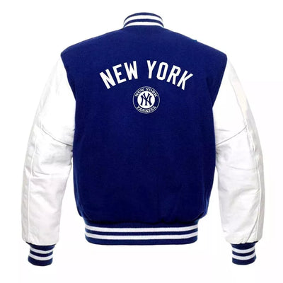 NEW YORK Yankeees Blue Varsity Jacket Wool & Genuine White Leather Sleeves - MLB