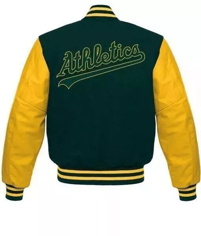 Men Oakland Athletics Green & Yellow Varsity Jacket With Leather Sleeves - MLB