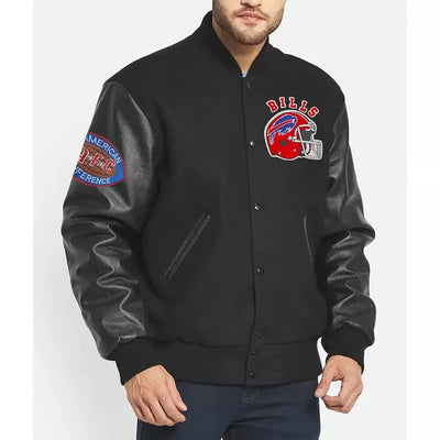 90’s Style Buffalo Bills Letterman Varsity Jacket with Genuine Leather Sleeves