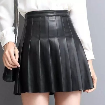 Women Genuine Leather Skirt Black Mini Pleated High Waist Slim A-line Skirt