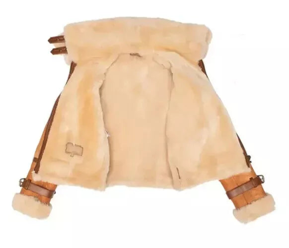 Kristy Vintage Cognac Women Crop Shearling Double collar Bomber Lambskin Jacket
