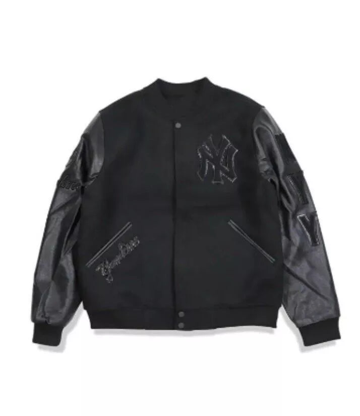 Men Letterman NY Yankees Black Varsity Jacket With Leather Sleeves - MLB