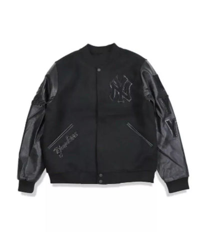 Men Letterman NY Yankees Black Varsity Jacket With Leather Sleeves - MLB