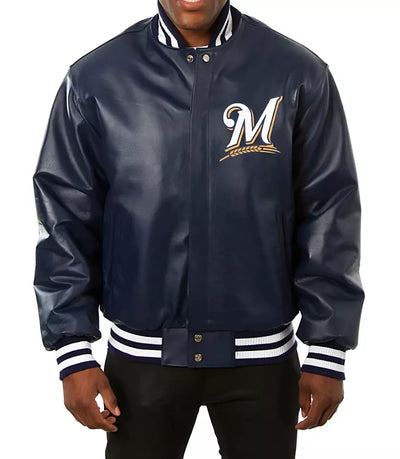Men Milwaukee Brewers Letterman Baseball Bomber Black Varsity Jacket Full Leather Jacket - MLB