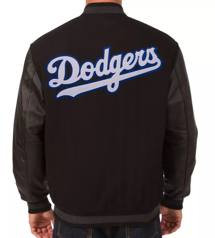 Men Los Angeles Dodgers Classic Letterman Black Varsity Jacket with Leather Sleeves - MLB