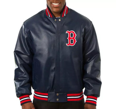 Men Boston Red Sox Black Letterman Varsity Jacket Genuine Leather Jacket with Logos - MLB