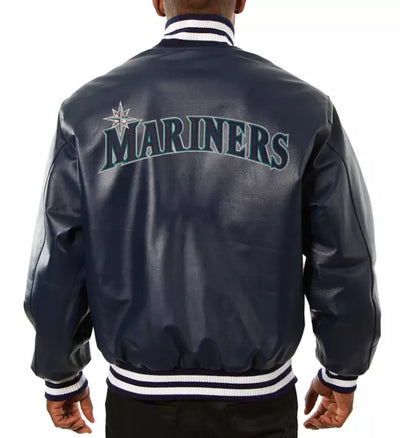 Men Letterman Seattle Mariners Varsity Jacket Navy Blue Genuine Sheep Leather - MLB