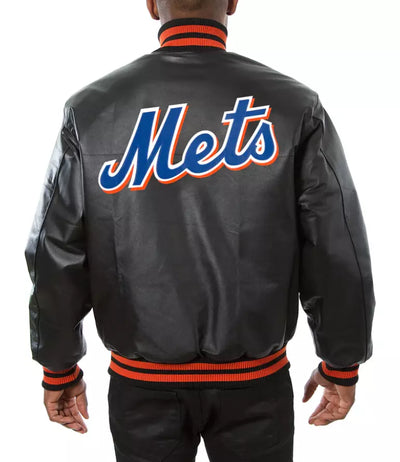 Men New York Mets Full Leather Letterman Black Varsity Jacket - MLB