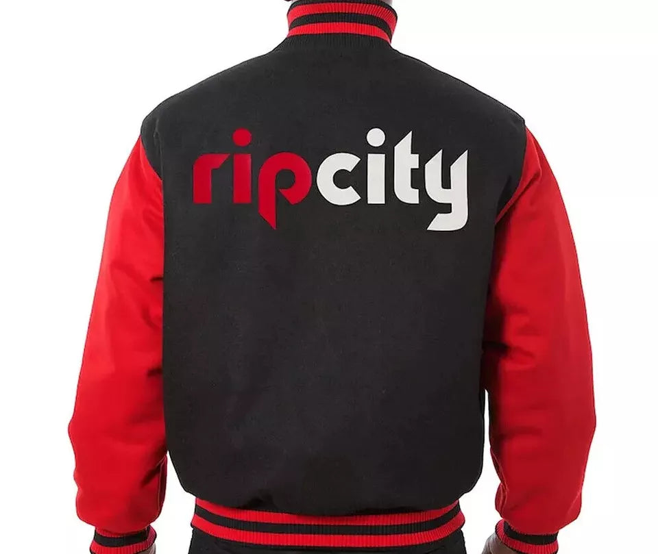 Men Letterman Portland Trail Blazers Black and Red-All Wool Varsity Jacket - NBA