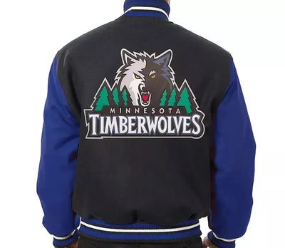 NBA Minnesota Timberwolves Black and Royal Blue-All Wool Varsity Jacket