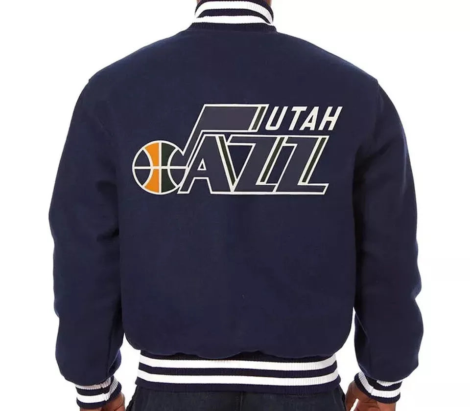 Men Letterman Utah Jazz Navy Blue All Wool Varsity Jacket - NBA