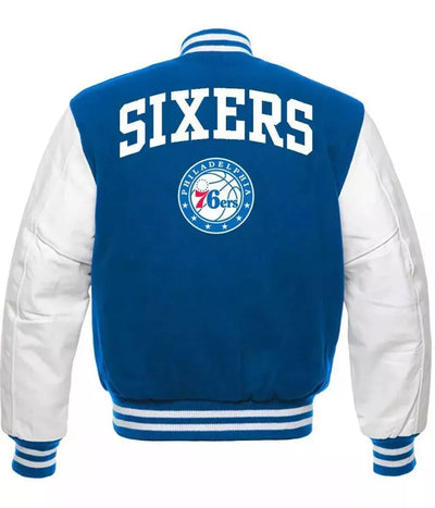 Men Letterman Philadelphia 76ers Wool with Genuine Leather sleeves Varsity Jacket blue & white NBA