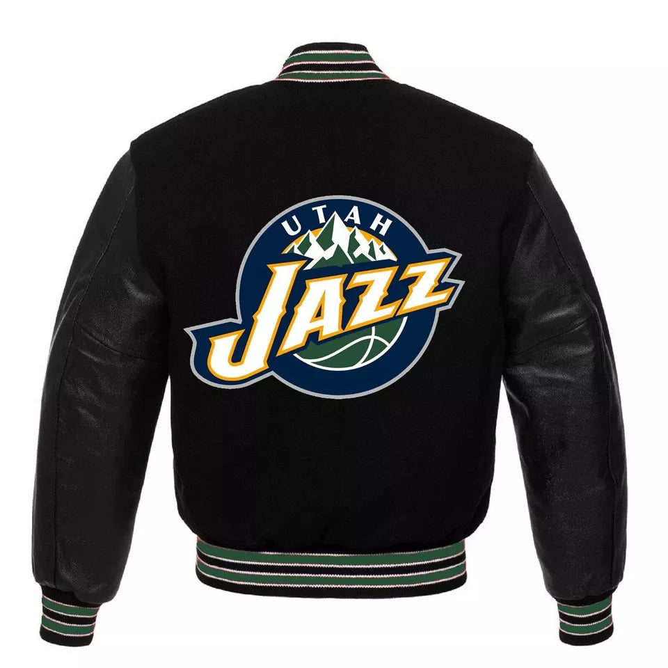 Men Letterman Utah Jazz Black Wool and Leather Varsity Jacket - NBA