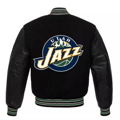 Men Letterman Utah Jazz Black Wool and Leather Varsity Jacket - NBA