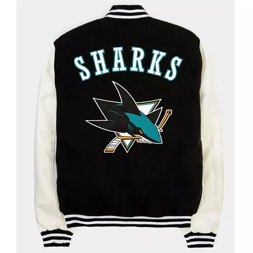 San Jose Sharks Varsity Jacket Black Wool with White Genuine Leather Sleeves